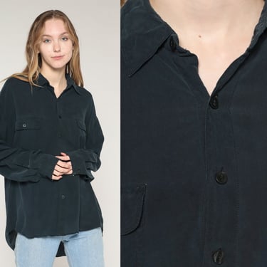 Black Silk Blouse Y2k Button Up Shirt Retro Plain Simple Long Sleeve Top Chest Pocket Preppy Basic Button Down Minimal Vintage 00s Large L 