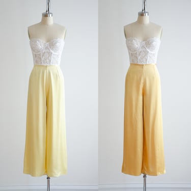 wide leg pants vintage pastel yellow gold silky palazzo pants 