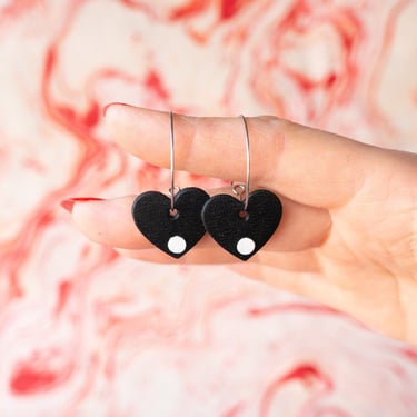 Black Heart + Dot Hoops - Reclaimed Leather Valentine's Heart Earrings 