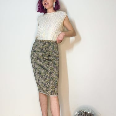 1960s Monet floral and silver pencil skirt, sz. S