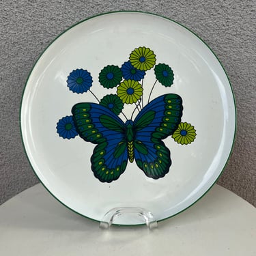 Vintage modern melamine plastic round tray in blue green white butterfly theme size 13” x 1” 