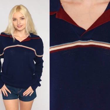 Navy Striped Sweater 70s Blue Knit Buttonless Polo Sweater Top Long Sleeve V Neck Collared Preppy Knitwear Acrylic Vintage 1970s Large L 