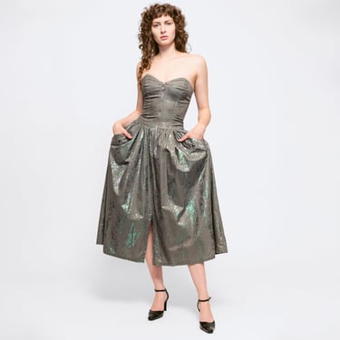 XS 80s Grey Lamé Strapless Fit & Flare Midi Dress | Vintage Catarina Sandra Pabst Zip Front Party Dress 