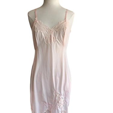 60s Pink Nylon Slip Dress w/Lace Knee Length Medium 