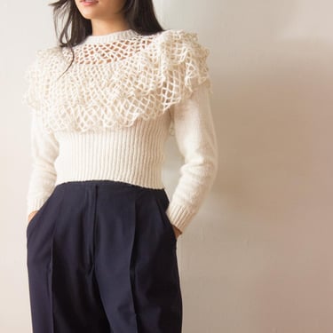 1980s Crocheted Collar Ribbed Knit Top 