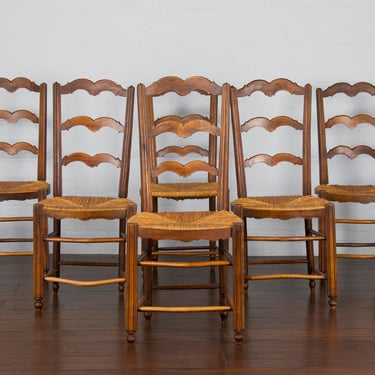 Antique Country French Provincial Ladder Back Walnut Dining Chairs - Set of 6 