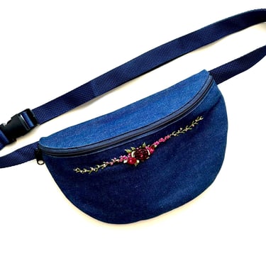 Vintage Embroidered Denim 90s Fanny Pack // Blue Red Jeans Hip Bag 1990s Boho Hippie Crossbody Bag 