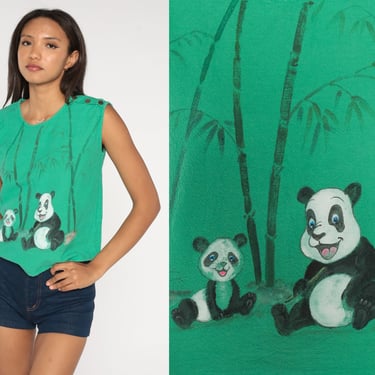 80s Panda Tank Top Green Painted Animal Graphic Tee Wildlife Bamboo Jungle Shirt Button Shoulder Cotton Top Vintage 1980s Small S 