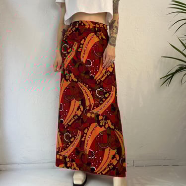 70s Orange Retro Print Midi Skirt / Small 