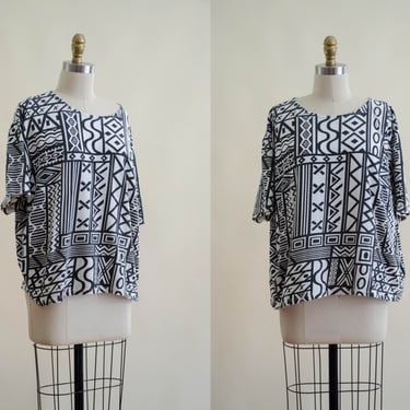 80s vintage t-shirt | plus size vintage black white modern geometric pop art loose oversized tee 