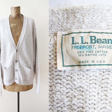 Vintage 80s LL Bean Cotton Blend Knit Cardigan Off White M - Made in USA Natural Fiber Minimalist Simple Sweater 