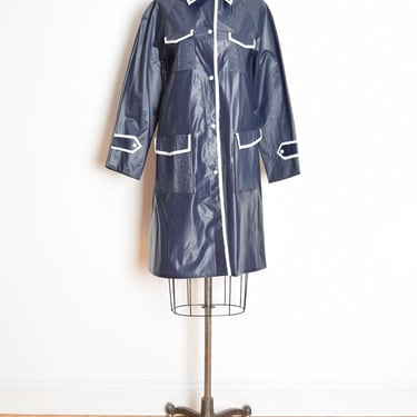 vintage 70s jacket navy blue white vinyl raincoat pointy collar slicker mod M 