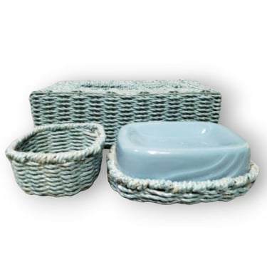 1970s Vintage Wicker Bathroom Accessories, Tissue Box Cover Soap Dish, 4pc Bath Vanity Accessory Set, Retro Aqua Rattan Cottagecore Decor 