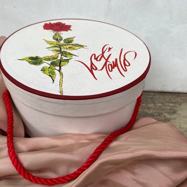 Vintage Lord & Taylor Small Round Rose Box, Mini Box, Red Braided Handle, Lidded Round Box, Cardboard Gift Box, Bedroom Decor 
