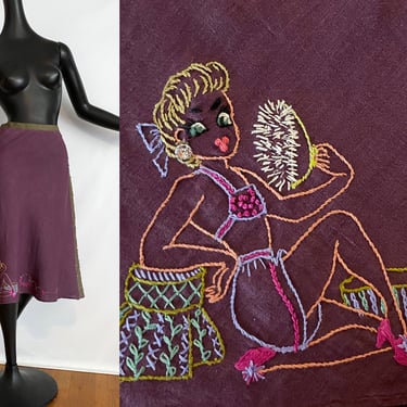 Burlesque Rockabilly Pin Up Embroidered Skirt! | Authentic Vintage 50s "Aunt Martha's" Design | Sexy Bombshell Boudoir Lady Purple Linen 