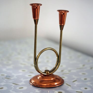 Vintage Copper And Brass Double Candle Holder French Horn 