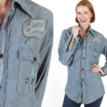 Levis Chambray Button Up Shirt Hippie Embroidered Western Top 70s Levi Strauss Hippy Blouse 