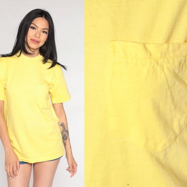 Yellow Pocket Tee 90s T Shirt Retro Plain TShirt Solid Cotton T-Shirt Blank Basic Shirt Single Stitch Streetwear Vintage 1990s Medium 