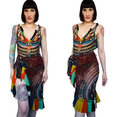 Jean Paul Gaultier Y2K Colorful Tribal Bohemian Print Mesh Illusion Wrap Skirt Cover-Up Swimsuit Set - New with Tags - size Medium 