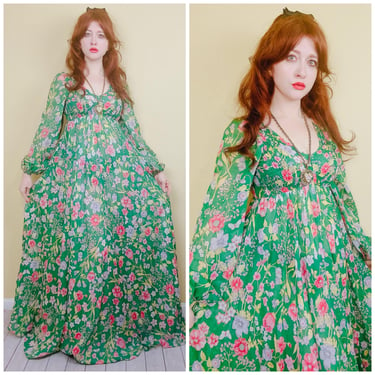 1970s Vintage Denise Are There Green Floral Maxi Dress / 70s Butterfly Smocked Cotton Blend Empire Waist Sheer Gown / Small - Medium 