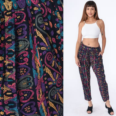 90s Tapered Pants Abstract Heart Print Ankle Pants Cropped Trousers Geometric Pleated Harem High Waisted Trousers 1990s Vintage Black Medium 