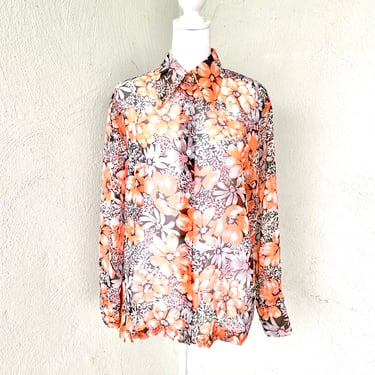 Vintage 70s Dagger Collar Women’s Shirt Floral Collared Shirt // 1970s Sheer Long Sleeve Blouse 