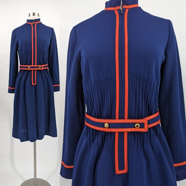 Vintage 70s David Crystal Blue Knit Polyester Small Mod Long Sleeve Belted Shift Dress 