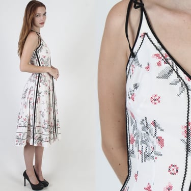 1950's Cross Stitch Floral Dress, White Graphic Print Shoulder Ties, Womens Rockabilly Full Circle Skirt Mini Dress 