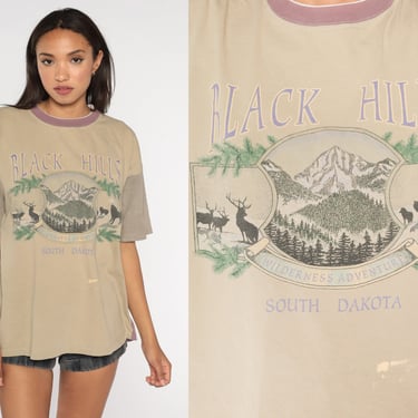 Black Hills Shirt South Dakota TShirt Vintage Mountain T Shirt 90s Distressed Tan Deer Ringer Tee Graphic Tourist Souvenir Extra Large xl 
