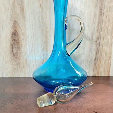 1960s Bischoff Aqua Blue Decanter with Flame Stopper, Vintage Bar Glass Bottle 18