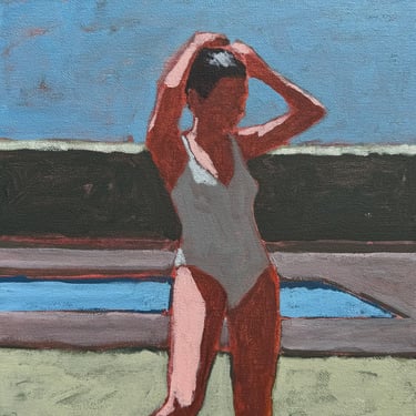 Woman by Pool #2- Original Acrylic Painting on Canvas 10 x 10 - people, mcm, mid century, fine art, gallery wall, small, michael van 