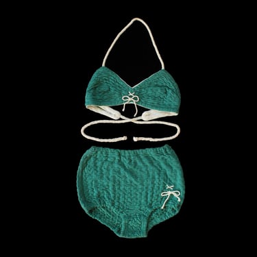 1940s French Bikini / 40s Knit Two Piece Swimsuit / Lace up / Rope Ties 