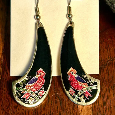 Cloisonné Earrings Black Enamel Dangle Bird Motif Cardinal Retro Vintage Jewelry Gift 