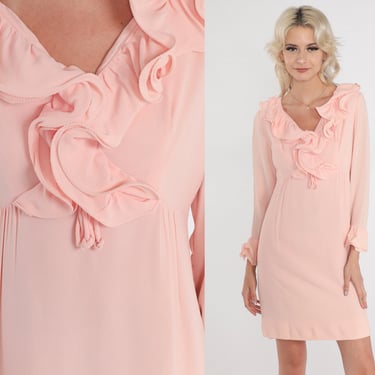 Pink Babydoll Dress 60s Mod Mini Dress Ruffled Empire Waist Long Sleeve Party Dress Sixties Minidress Ruffle Retro Vintage 1960s Medium M 