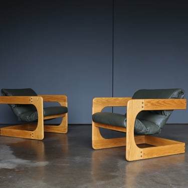 Lou Hodges Oak &amp; Leather Lounge Chairs for California Design Group, 1970's