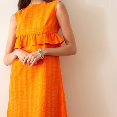 1960s Marimekko Design Research Orange Ruffled Shift Dress 