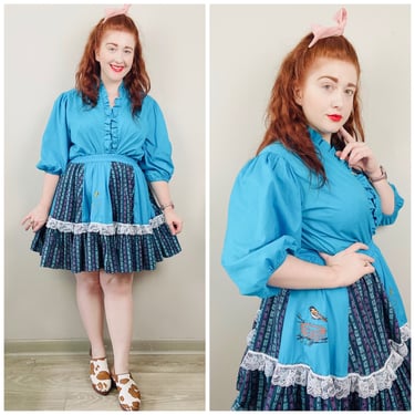 1980s Vintage Pete Bettina Turquoise Square Dancing Set / 80s / Eighties Butterfly Embroidered Circle Skirt  Puffed Sleeve Blouse  Size XL 