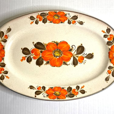 Beautiful Vintage 1970s Orange Poppy Flowers Porcelain Enameled Platter or Serving Tray by Sanko Ware 