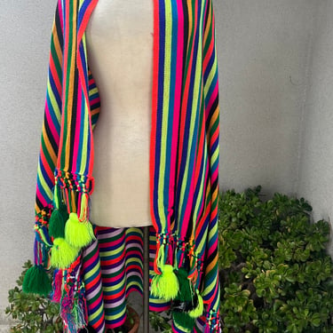 Vintage Mexican rebozo shawl multicolored tassels size 60” x 49” with 7” tassels 