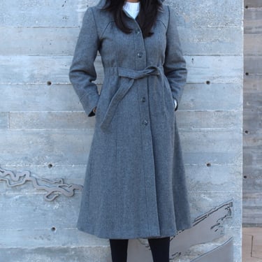 Hooded Coat, Vintage 1970s Sears Jr Bazaar, XS/S Women, Gray Wool Trench Coat 