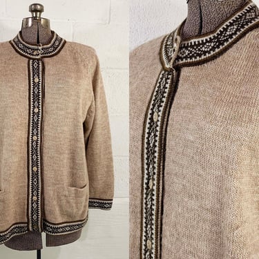 Vintage Alpaca Peruvian Cardigan Button Down Raglan Long Sleeve Fair Isle Knit Cream Ivory Tan 1980s 1990s XXL XL 1XL 2XL 1X 2X 