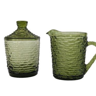 Vintage Green Glass Sugar and Creamer Set / Soreno Avocado Green Set by Anchor Hocking / Textured Green Glass Sugar Jar & Creamer 