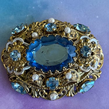 antique aquamarine cabochon brooch ornate blue jewel filigree pin 