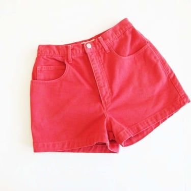 90s Red Guess Denim Shorts 26 - Vintage 1990s High Waist Women Jean Shorts - Solid Color - Guess Jeans USA 