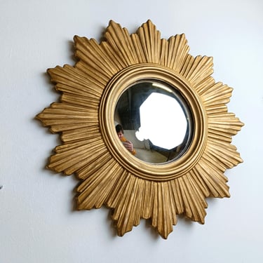 Vintage golden sunburst mirror, 1960s - gilded sunburst mirror - vintage butler mirror - vintage convex mirror - golden mirror - vintiques 