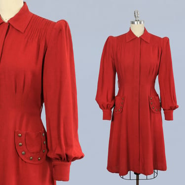 1940s Dress / Late 30s Early 40s Sporty Red Wool Crepe STUDDED Dress / Peaked Shoulders / Balloon Sleeves / Red Zipper 