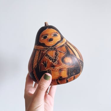 Vintage Peruvian Carved Gourd Mother and Child Figurine 