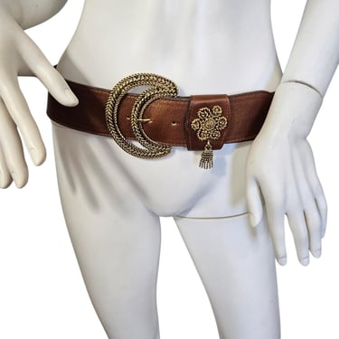 1980s Brown Leather Wide Belt I Cresent Moon Gold Buckle I Sz Med I Italian Calfskin I Ellen Tracy 