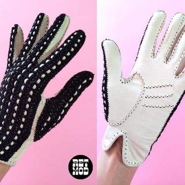 Super Cool Vintage 60s White Black Leather Crochet Mod Driving Gloves 