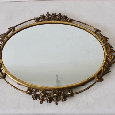 Tony Duquette Style Gold Brass Finish Oval Wall Accent Mirror Filigree and Flower Detail 